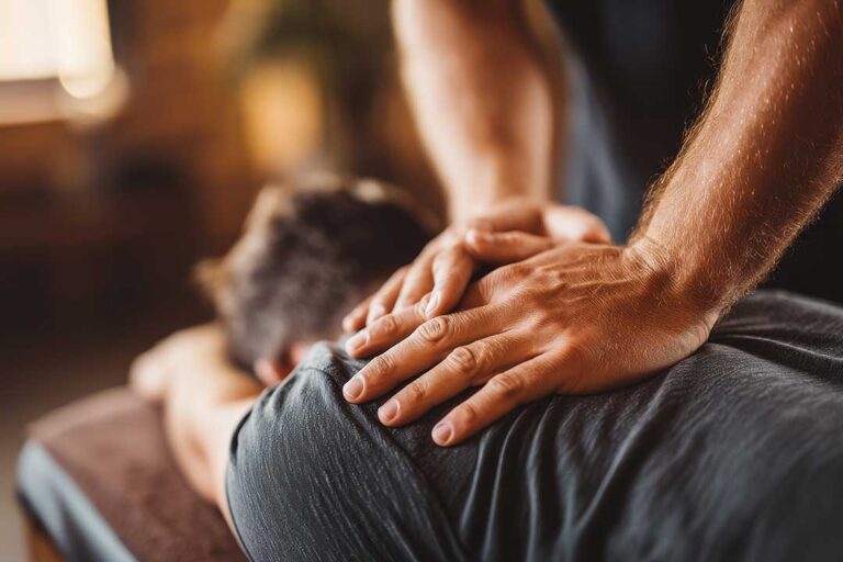 A middle-aged person gently stretching their back in a bright living room with natural daylight.